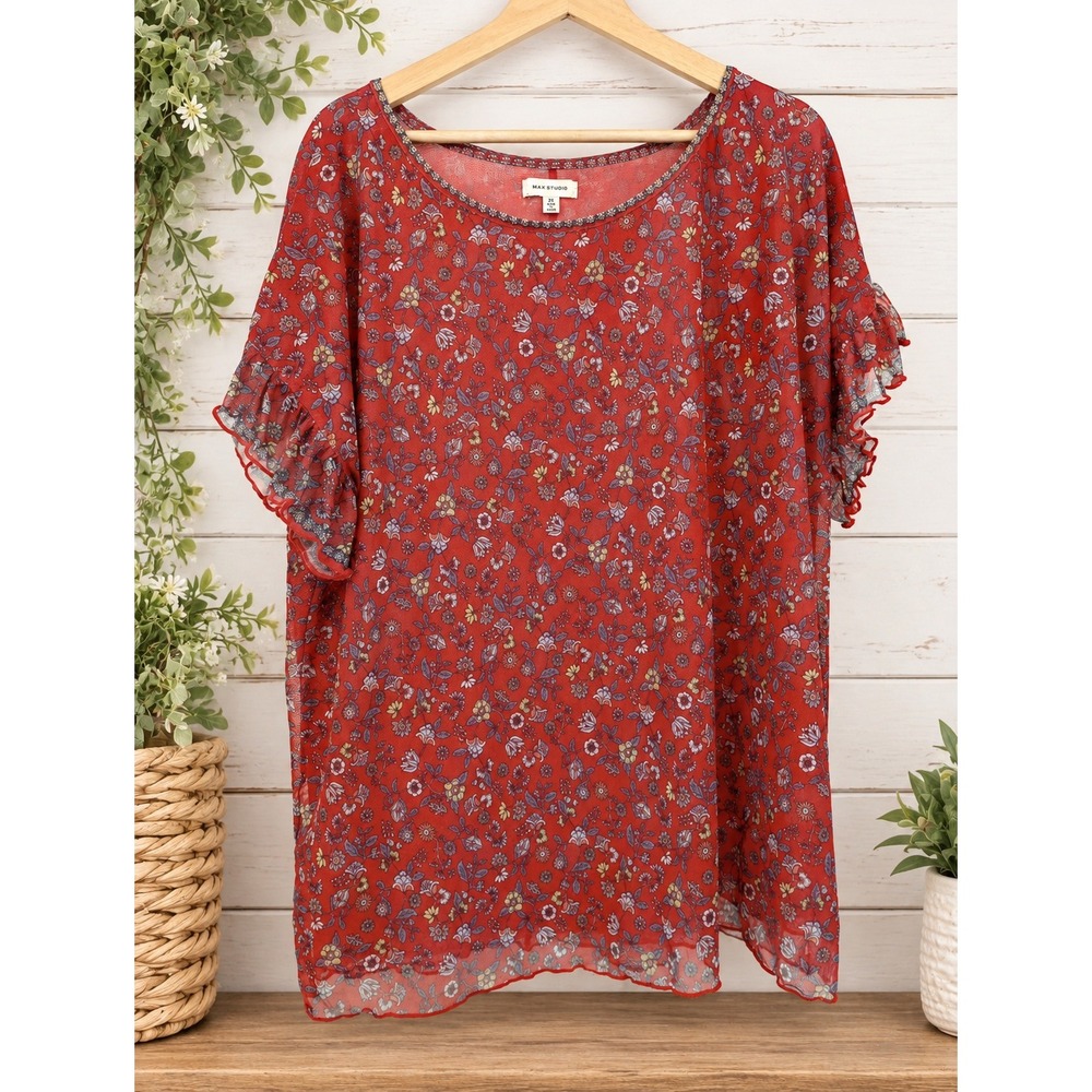 Max Studio Blouse Womens 2X Red Floral Mesh Flutter Sleeve Ruffle Hem